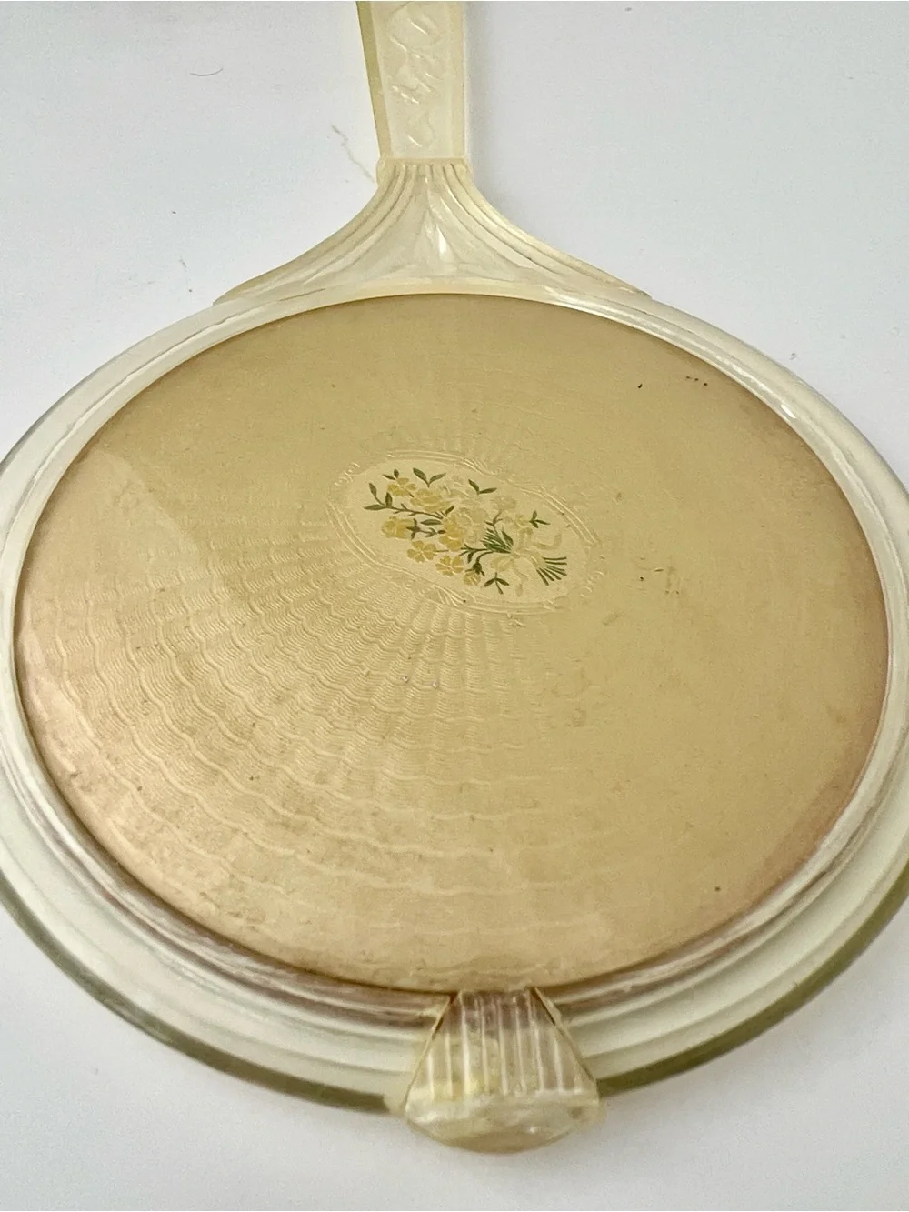 Vintage Lucite Hand Mirror with Floral Design